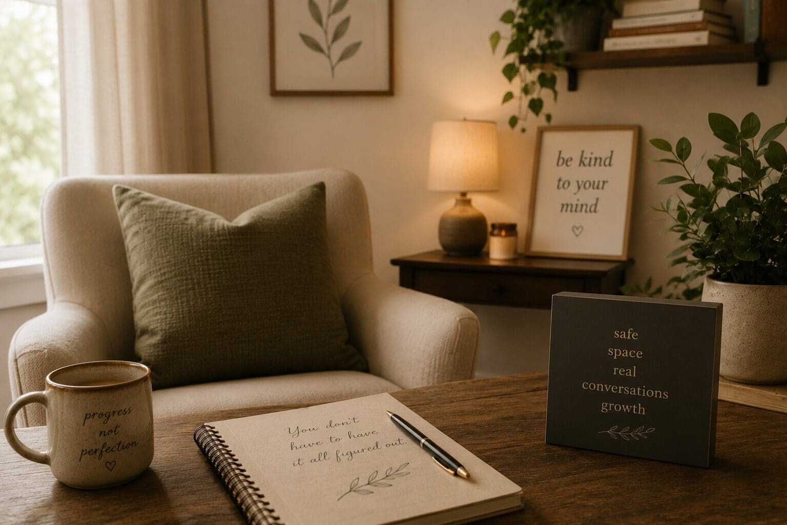 Cozy therapy office with a comfortable chair, journal, warm lighting, and calming decor creating a welcoming space for reflection and healing.