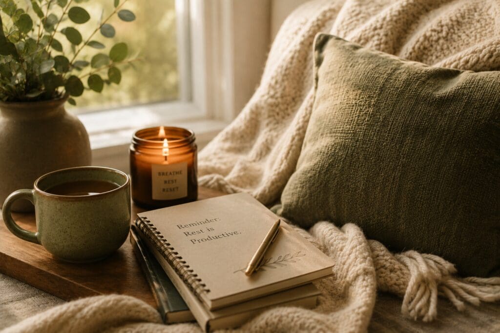 Cozy reading nook with a warm drink, candle, journal, and soft blanket, creating a peaceful space for rest, reflection, and self-care.