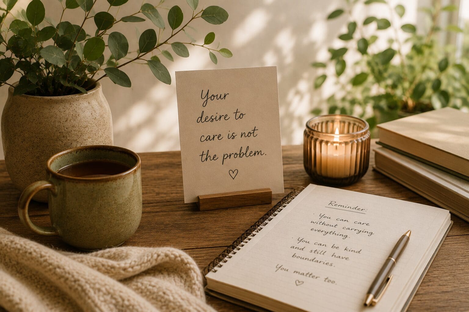Comforting workspace with a journal, tea, and gentle reminders about boundaries and self-worth, representing healing from people-pleasing patterns.