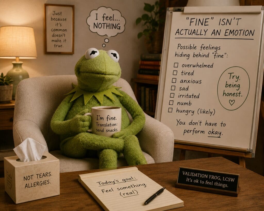 Playful therapy office scene featuring a weary frog holding an "I'm fine" mug, illustrating how the word "fine" often hides more complex emotions beneath the surface.