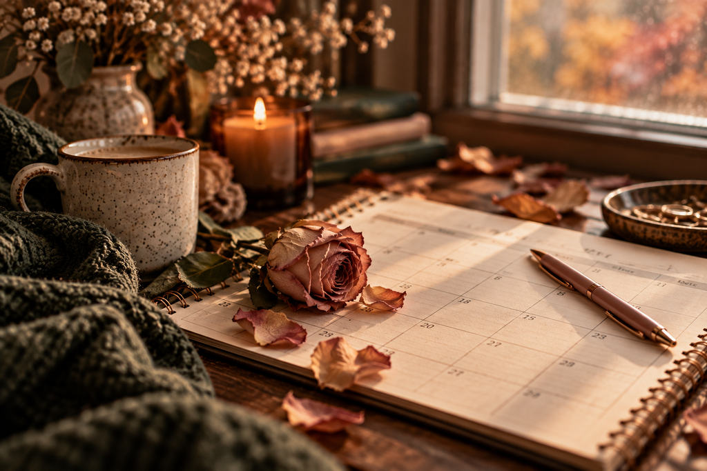 Dried pink rose resting on an open calendar beside a pen, coffee mug, and candle in warm autumn light.