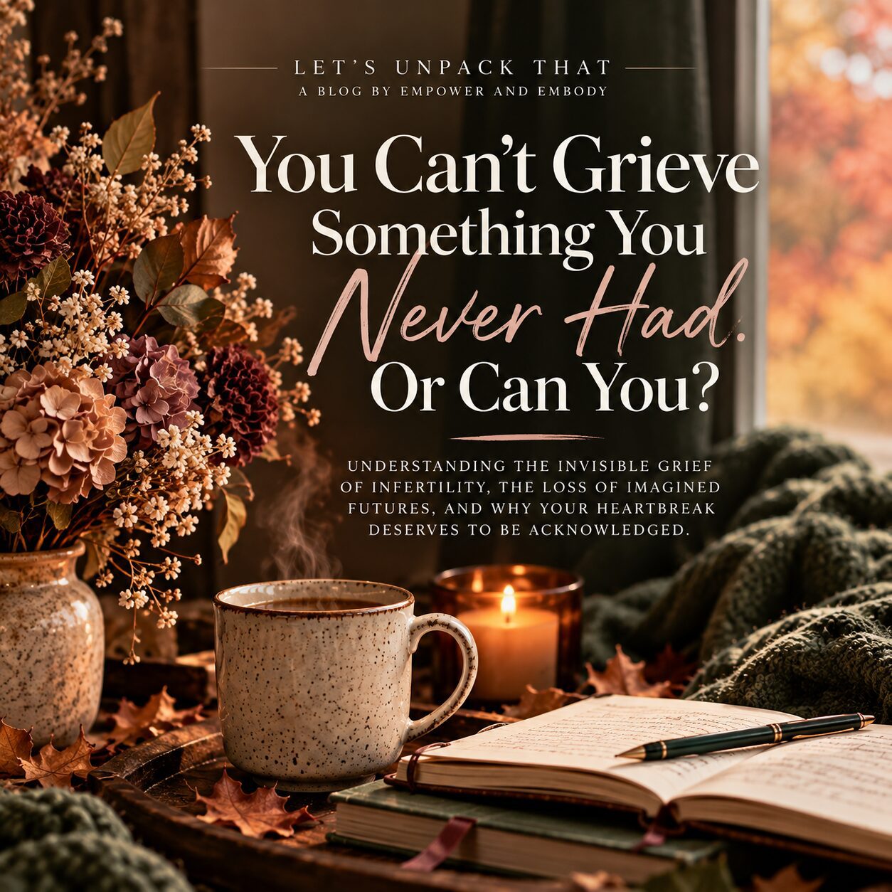 Autumn-inspired blog cover with the title You Can't Grieve Something You Never Had. Or Can You? surrounded by flowers, books, and candlelight.