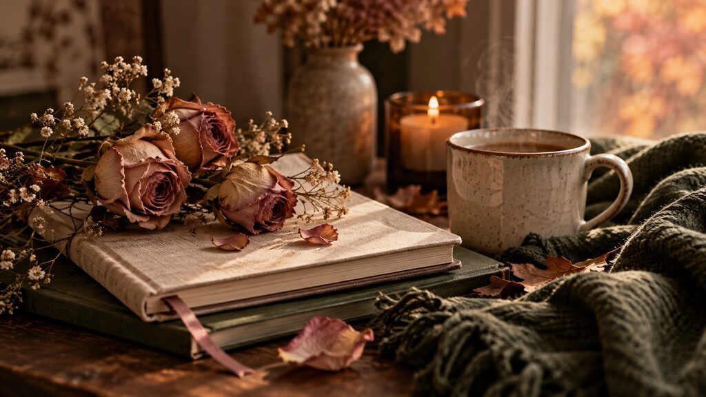 Dried blush roses resting on a journal beside a warm cup of coffee and candle in a cozy autumn setting.