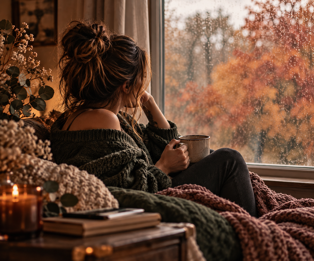Woman sitting quietly by a rain-covered window, holding a coffee mug and looking out at autumn trees.