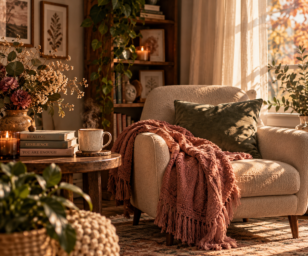 Inviting cream armchair with a sage green pillow and dusty rose blanket beside a sunlit window and books.